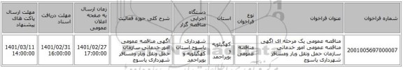 مناقصه عمومی یک مرحله ای اگهی مناقصه عمومی امور خدماتی سازمان حمل ونقل وبار ومسافر شهرداری یاسوج