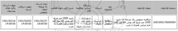 مناقصه عمومی یک مرحله ای خرید 1000 متر مربع کف پوش 40 میل کف تخم مرغی همراه با نصب