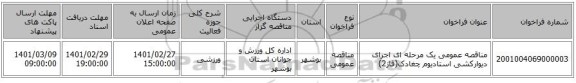مناقصه عمومی یک مرحله ای اجرای دیوارکشی استادیوم چغادک(فاز2)