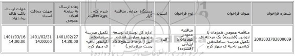 مناقصه عمومی همزمان با ارزیابی (فشرده) یک مرحله ای تکمیل مدرسه ساماندهی کیانمهر ناحیه ی چهار کرج  