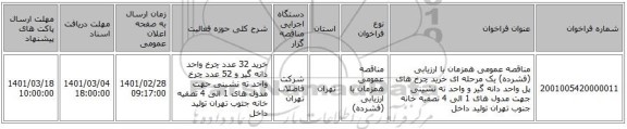 مناقصه عمومی همزمان با ارزیابی (فشرده) یک مرحله ای خرید چرخ های پل واحد دانه گیر و واحد ته نشینی جهت مدول های 1 الی 4 تصفیه خانه جنوب تهران تولید داخل 