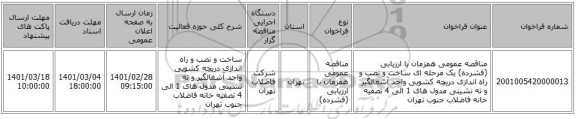 مناقصه عمومی همزمان با ارزیابی (فشرده) یک مرحله ای ساخت و نصب و راه اندازی دریچه کشویی واحد آشغالگیر و ته نشینی مدول های 1 الی 4 تصفیه خانه فاضلاب جنوب تهران 