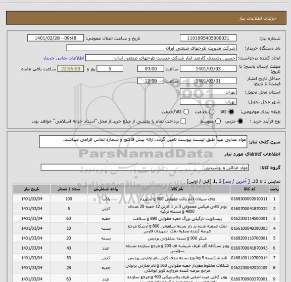 استعلام مواد غذایی عیناً طبق لیست پیوست تامین گردد. ارائه پیش فاکتور و شماره تماس الزامی میباشد.