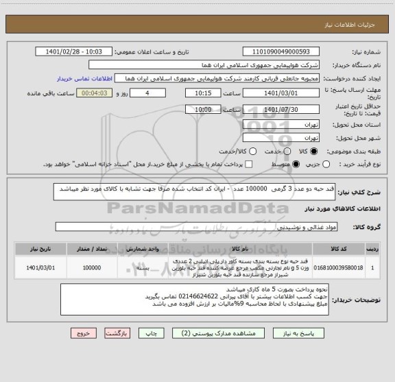 استعلام قند حبه دو عدد 3 گرمی  100000 عدد  - ایران کد انتخاب شده صرفا جهت تشابه با کالای مورد نظر میباشد   