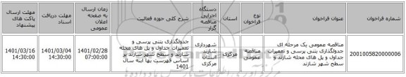 مناقصه عمومی یک مرحله ای جدولگذاری بتنی پرسی و تعمیرات جداول و پل های محله شازند و سطح شهر شازند 