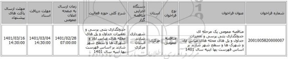 مناقصه عمومی یک مرحله ای جدولگذاری بتنی پرسی و تعمیرات جداول و پل های محله های عباس اباد و شهرک ها و سطح شهر شازند بر اساس فهرست بها ابنیه سال 1401 