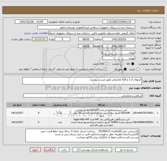 استعلام آنتنهای 1.2 و 0.6 مخابراتی طبق لیست پیوست