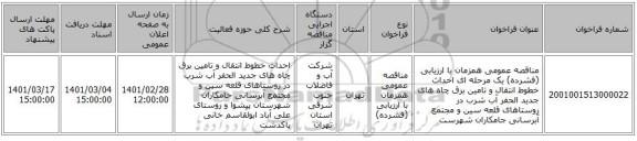 مناقصه عمومی همزمان با ارزیابی (فشرده) یک مرحله ای احداث خطوط انتقال و تامین برق چاه های جدید الحفر آب شرب در روستاهای قلعه سین و مجتمع آبرسانی جامکاران شهرست