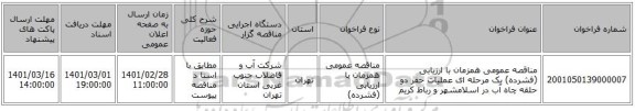 مناقصه عمومی همزمان با ارزیابی (فشرده) یک مرحله ای عملیات حفر دو حلقه چاه آب در اسلامشهر و رباط کریم 