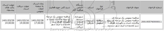 مناقصه عمومی یک مرحله ای مناقصه عمومی یک مرحله ای پروژه واگذاری احداث و نگهداری فضای سبز محدوده و حریم شهر سردرود