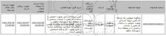 مناقصه عمومی یک مرحله ای تأمین نیروی انسانی بصورت حجمی با ساعات کار معین ( خدمات ساعتی ) در  منطقه سه شهرداری دزفول