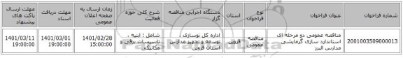 مناقصه عمومی دو مرحله ای استاندارد سازی گرمایشی مدارس البرز 