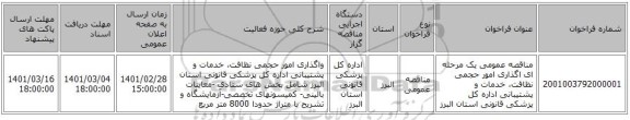 مناقصه عمومی یک مرحله ای اگذاری امور حجمی نظافت، خدمات و پشتیبانی اداره کل پزشکی قانونی استان البرز