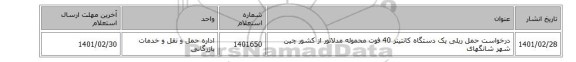 درخواست حمل ریلی یک دستگاه کانتینر 40 فوت محموله مدلاتور از کشور چین شهر شانگهای