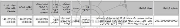 مناقصه عمومی یک مرحله ای فاز اول زیرسازی و آسفالت معابر خاکی شامل محله های فخر آباد و شهرک امام خمینی (ره) مربوط به بافت ناکارآمد ( طرح بازآفرینی ) 