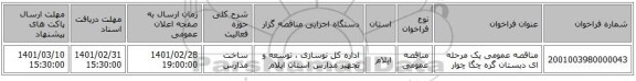 مناقصه عمومی یک مرحله ای دبستان گره چگا چوار