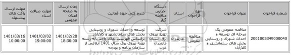 مناقصه عمومی یک مرحله ای توسعه و احداث شهری و روستایی بخش های سلمانشهر و کلارآباد 
