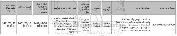 مناقصه عمومی یک مرحله ای واگذاری تنظیف و رفت و روب ، جمع آوری زباله ، گشت ویژه خدمات شهری و سایر امورات محوله در محدوده و حریم شهر سردرود