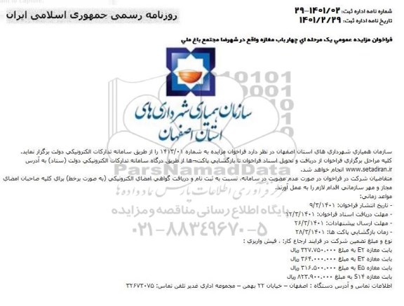 مزایده واگذاری 4 باب مغازه 