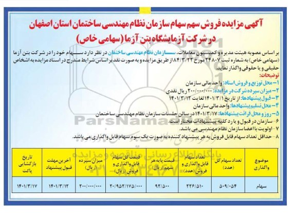 آگهی مزایده فروش سهم سهام 