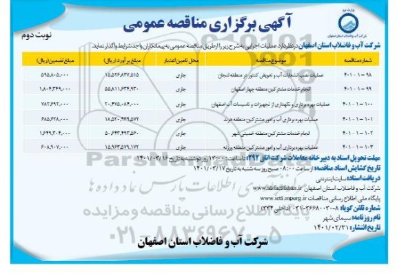 مناقصه عمومی عملیات نصب انشعابات آب و تعویض کنتور... نوبت دوم 