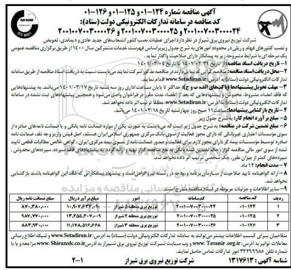 مناقصه اجرای عملیات نصب کنتور انشعاب های جدید عادی و دیماندی ، تعویض و نصب کنتورهای 