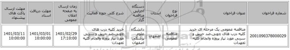 مناقصه عمومی یک مرحله ای خرید کلیه درب های چوبی،ضد حریق و سربی  مورد نیاز پروژه وانجام کلیه تعهدات 