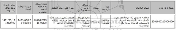 مناقصه عمومی یک مرحله ای اجرای تکمیل سفت کاری و بخشی از تأسیسات کتابخانه درجه یک کوهدشت
