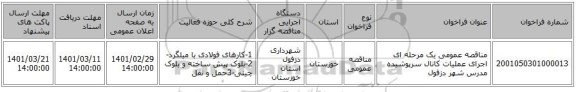 مناقصه عمومی یک مرحله ای اجرای عملیات کانال سرپوشیده مدرس شهر دزفول