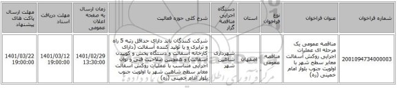 مناقصه عمومی یک مرحله ای عملیات اجرایی روکش آسفالت معابر سطح شهر با اولویت جنوب بلوار امام خمینی (ره)