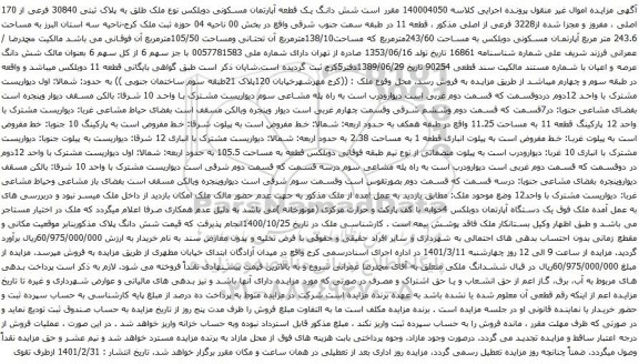 آگهی مزایده شش دانگ یک قطعه آپارتمان مسکونی دوبلکس نوع ملک طلق به پلاک ثبتی 30840 فرعی از 170 اصلی