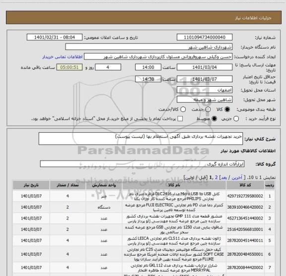 استعلام خرید تجهیزات نقشه برداری طبق آگهی استعلام بها (لیست پیوست)