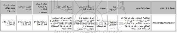 مناقصه عمومی یک مرحله ای تامین نیروی انسانی بابت خدمات نظافتی و نگهداری فضای سبز و کار در مزرعه ایستگاه های تابعه