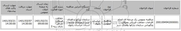 مناقصه عمومی یک مرحله ای انجام اقدامات حفاظت فیزیکی ومراقبت ونگهبانی سازمان پارکها وفضای سبز