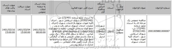 مناقصه عمومی یک مرحله ای به استناد مجوز شماره 172/401 ش- 27/02/1401  شورای اسلامی شهر ، اجرای کلیه امورات مربوط به خدمات شهری 