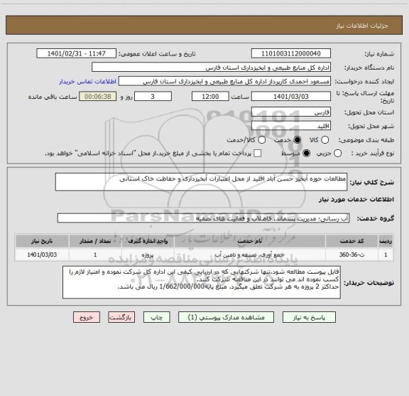 استعلام مطالعات حوزه آبخیز حسن آباد اقلید از محل اعتبارات آبخیزداری و حفاظت خاک استانی
