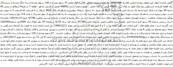 آگهی مزایده 100 سهم مشاع از سه دانگ مشاع از ششدانگ یک قطعه آپارتمان مسکونی نوع ملک طلق به پلاک ثبتی 48665 فرعی از 162 اصلی