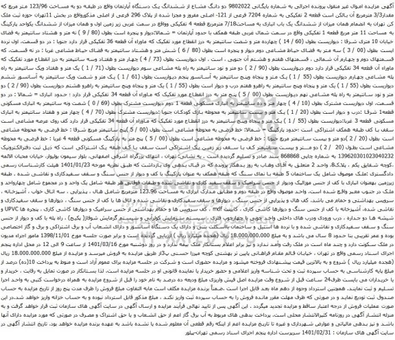 آگهی مزایده دو دانگ مشاع از ششدانگ یک دستگاه آپارتمان واقع در طبقه دو به مساحت 123/96 متر مربع