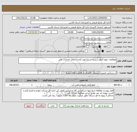 استعلام مطالعات حوزه آبخیز ساریتان و باغ مورد آباده از محل اعتبارات ملی