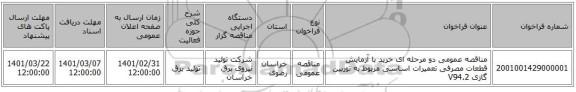 مناقصه عمومی دو مرحله ای خرید با آزمایش قطعات مصرفی تعمیرات اساسی مربوط به توربین گازی V94.2