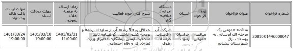 مناقصه عمومی یک مرحله ای آبرسانی به روستای بزق شهرستان نیشابور