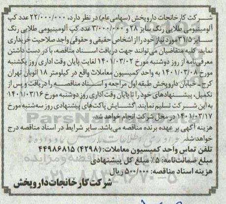 مناقصه 22.000.000 عد کپ آلومینیومی طلایی رنگ سایز 28 و ...