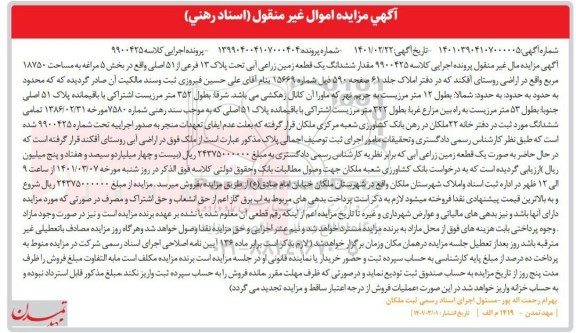 مزایده مزایده ششدانگ یکباب آپارتمان مسکونی 95.06 متر