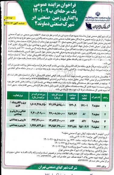 مزایده واگذاری زمین صنعتی در شهرک صنعتی