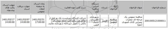 مناقصه عمومی یک مرحله ای عملیات عمرانی کانال المهدی (عج)