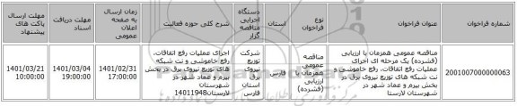مناقصه عمومی همزمان با ارزیابی (فشرده) یک مرحله ای اجرای عملیات رفع اتفاقات، رفع خاموشی و نت شبکه های توزیع نیروی برق در بخش بیرم و عماد شهر در شهرستان لارستا