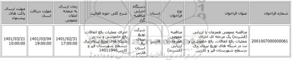 مناقصه عمومی همزمان با ارزیابی (فشرده) یک مرحله ای اجرای عملیات رفع اتفاقات، رفع خاموشی و نت در شبکه های توزیع نیروی برق درسطح شهرستان قیر و کارزین 