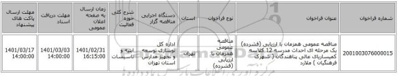 مناقصه عمومی همزمان با ارزیابی (فشرده) یک مرحله ای احداث مدرسه 12 کلاسه کمیساریای عالی پناهندگان ( شهرک فرهنگیان ) ملارد
