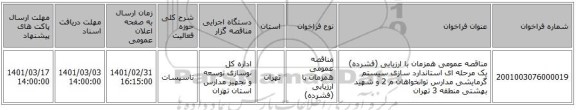 مناقصه عمومی همزمان با ارزیابی (فشرده) یک مرحله ای استاندارد سازی سیستم گرمایشی مدارس توانخواهان م 2 و شهید بهشتی منطقه 3 تهران