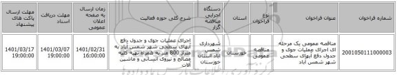 مناقصه عمومی یک مرحله ای اجرای عملیات جوی و جدول دفع آبهای سطحی شهر شمس آباد